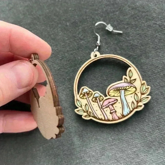 NEW Woodcut Mushroom Design Earrings Shrooms Psychedelic Hippie Boho Cottagecore - Picture 4 of 6